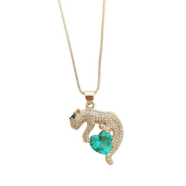 Colar em banho de ouro 18k com pingente pantera cravejado de zircônias cristais e coração em turmalina verde
