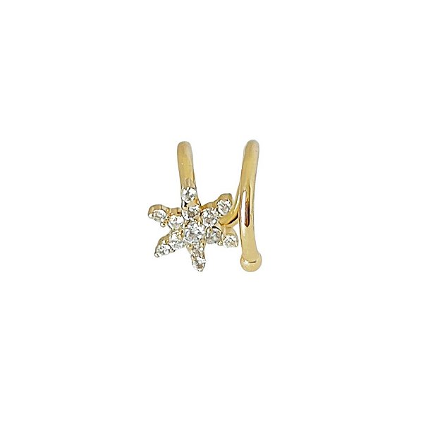 Brinco piercing em banho de ouro 18k duas voltas com flor cravejada de zircônias cristais