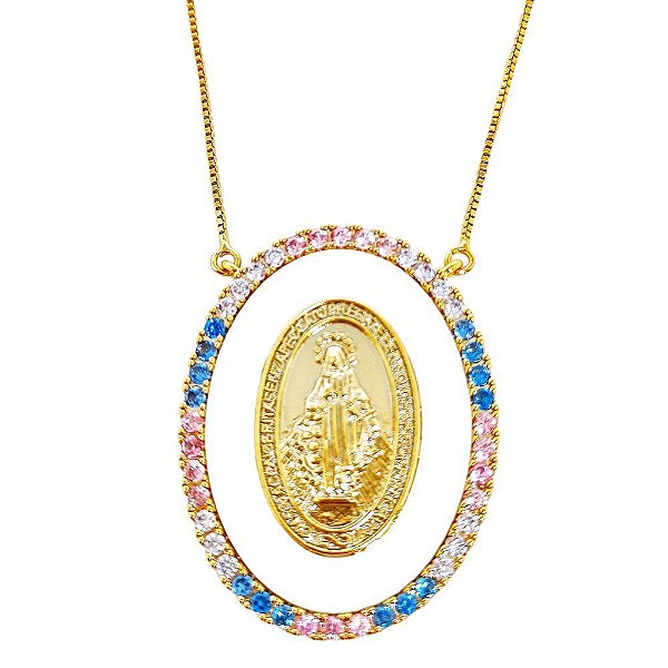 Colar em banho de ouro 18k nossa senhora em medalha oval de madrepérola cravejada de zircônias coloridas