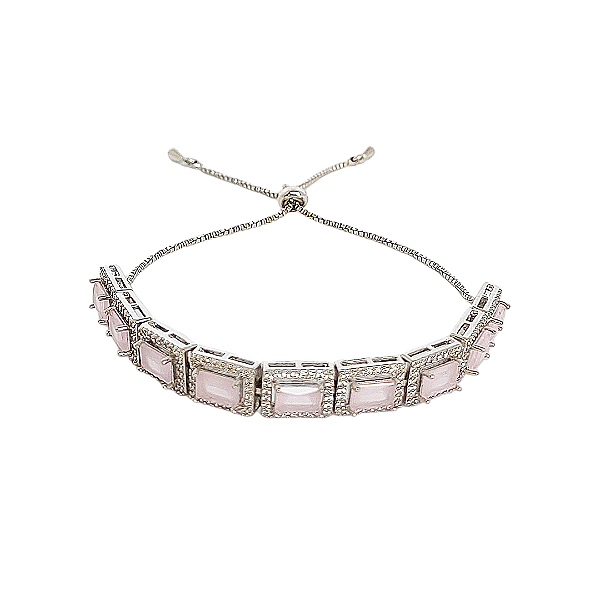 Pulseira fecho gravata em banho de ródio branco cravejada de zircônias com pedras fusion rosa