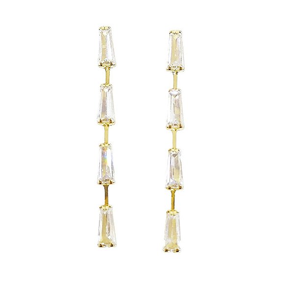 Brinco longo em banho de ouro 18k com palitinhos em zircônias cristais