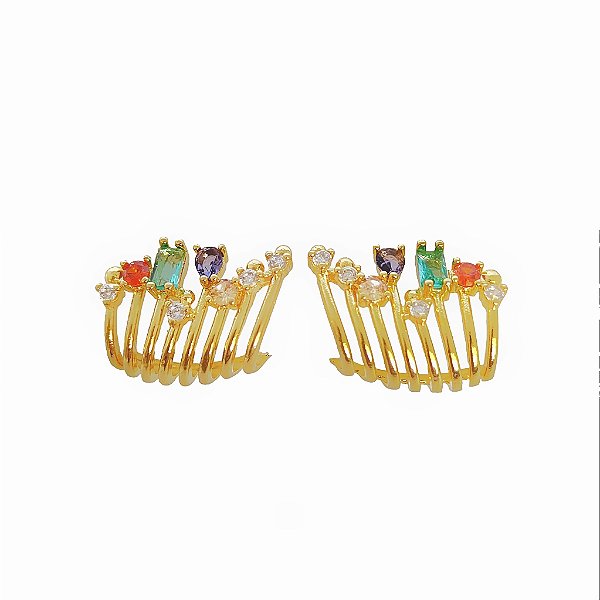 Brinco ear cuff em banho de ouro 18k  liso com zircônias coloridas e zircônias cristais