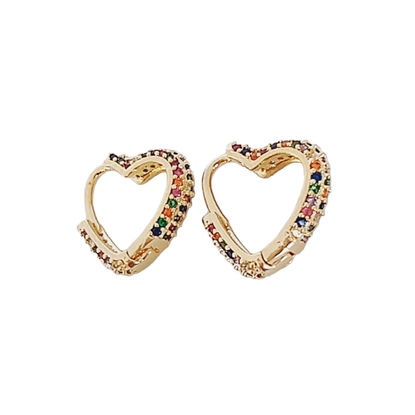 Brinco argola coração em banho de ouro 18k cravejado de zircônias coloridas