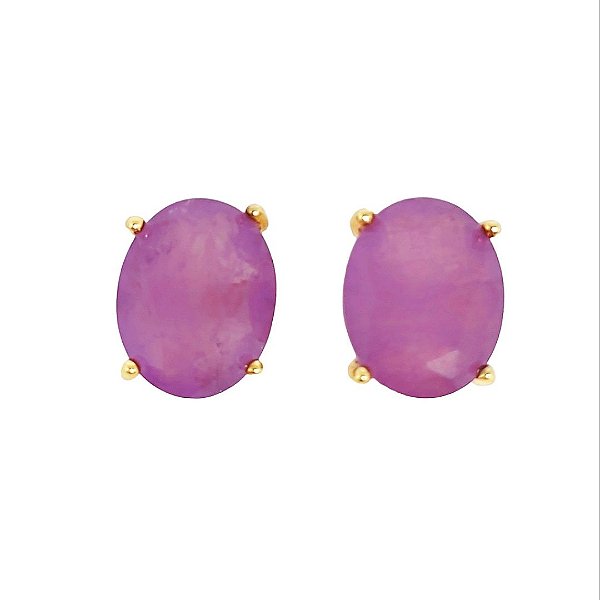 Brinco oval em banho de ouro 18k com pedra fusion roxa