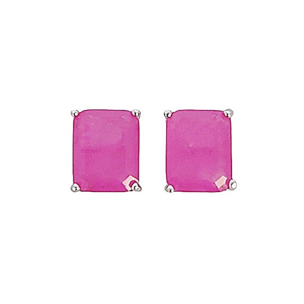 Brinco retângulo em banho de ouro branco com pedra fusion rosa magenta