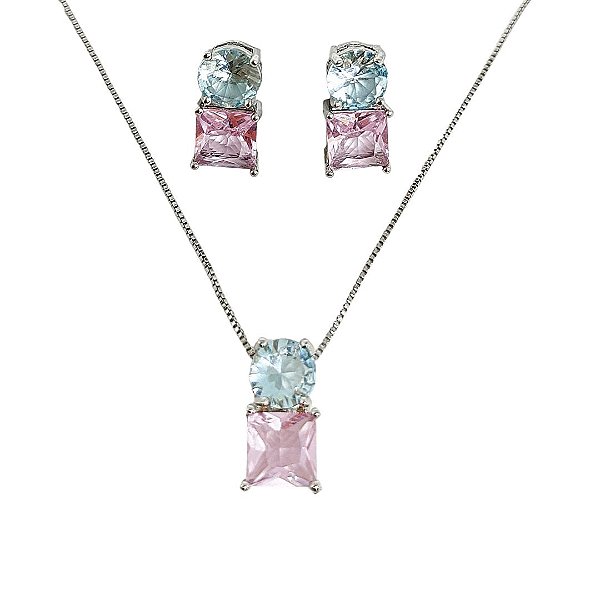 Conjunto colar e brincos em banho de ródio branco com cristais azul e rosa