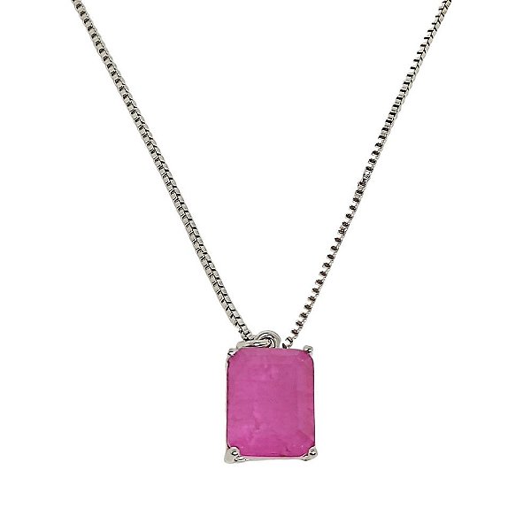Colar em banho de ouro branco com pingente retângular de pedra fusion rosa magenta