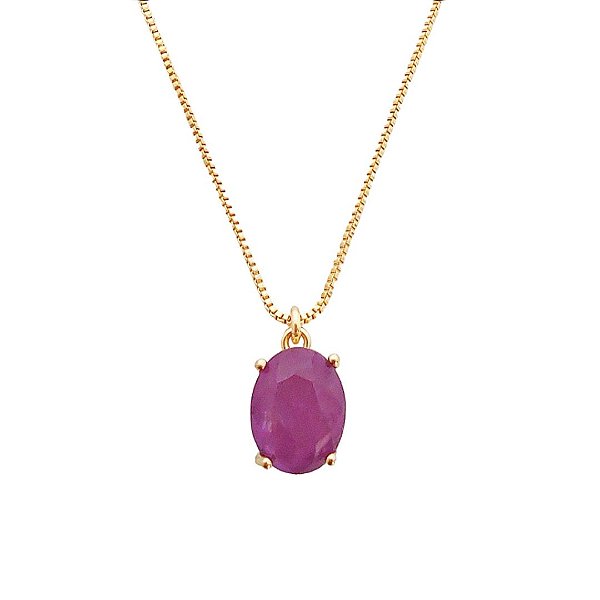 Colar banhado em ouro 18k e pingente de pedra fusion roxa