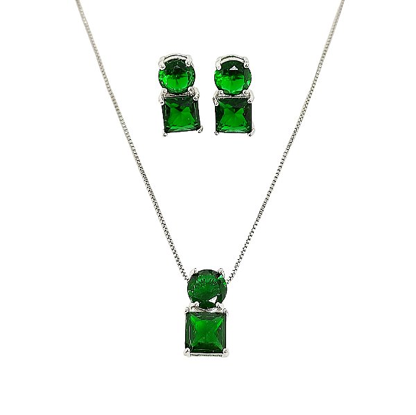 Conjunto colar e brincos em banho de ródio branco com cristais verde esmeralda