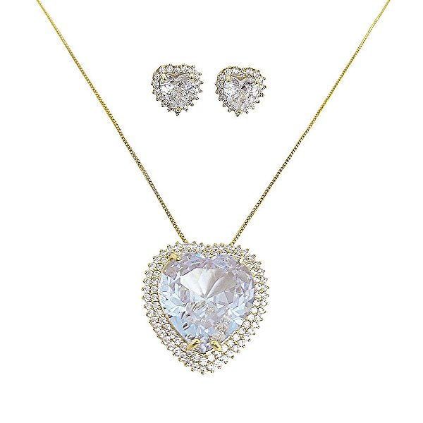 Conjunto colar e brincos em banho de ouro 18k com coração cravejado de zircônias com cristal