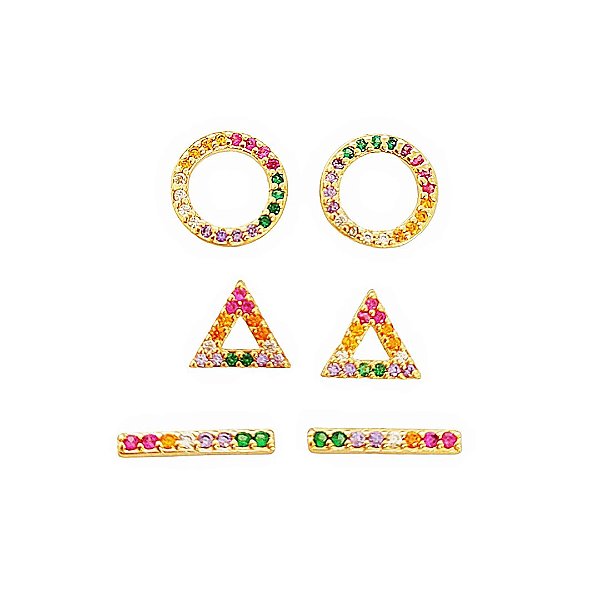 Trio de brincos em banho de ouro 18k com zircônias coloridas
