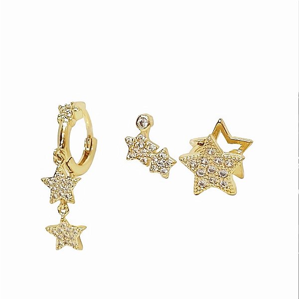 Trio de brincos banhados em ouro 18k com zircônias cristais