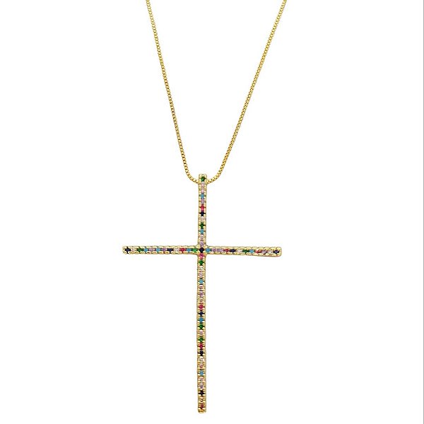 Colar em banho de ouro 18k com cruz cravejada de zircônias coloridas