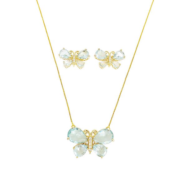 Conjunto em banho de ouro 18k colar e brincos borboletas em cristal azul