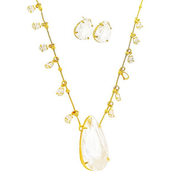 Conjunto colar e brincos banhado em ouro 18k com bolinhas na corrente e gotas de zircônia