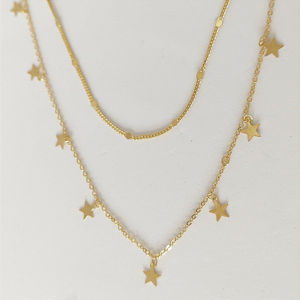 Colar em banho de ouro 18k corrente dupla com estrelas