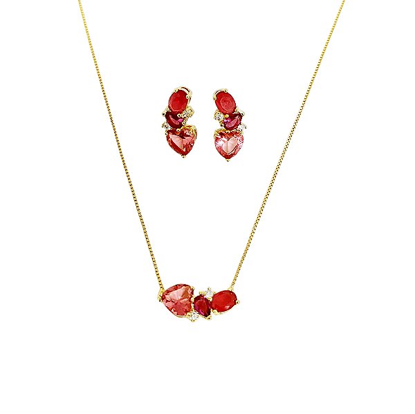 Conjunto de colar e brincos banhados em ouro 18k com zircônias e cristal rosa