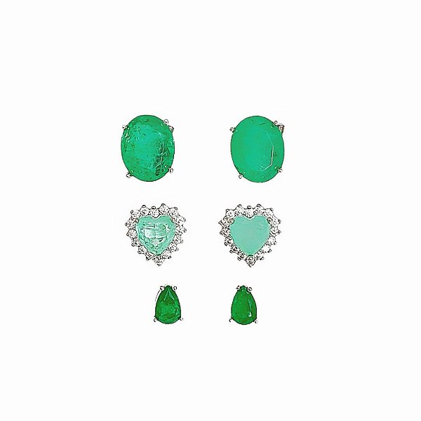 Trio de brincos banhados em ouro branco com pedra fusion verde esmeralda