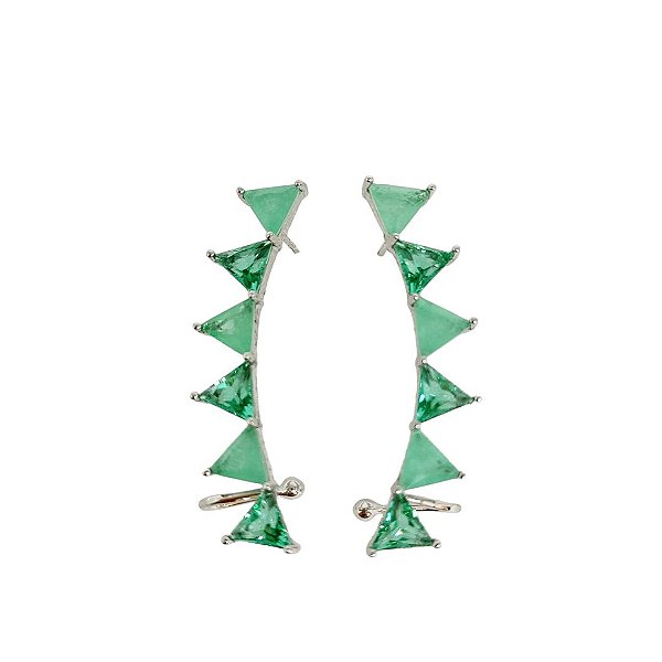 Brinco ear cuff em banho de ródio branco com triângulos de cristais verdes e pedra fusion verde