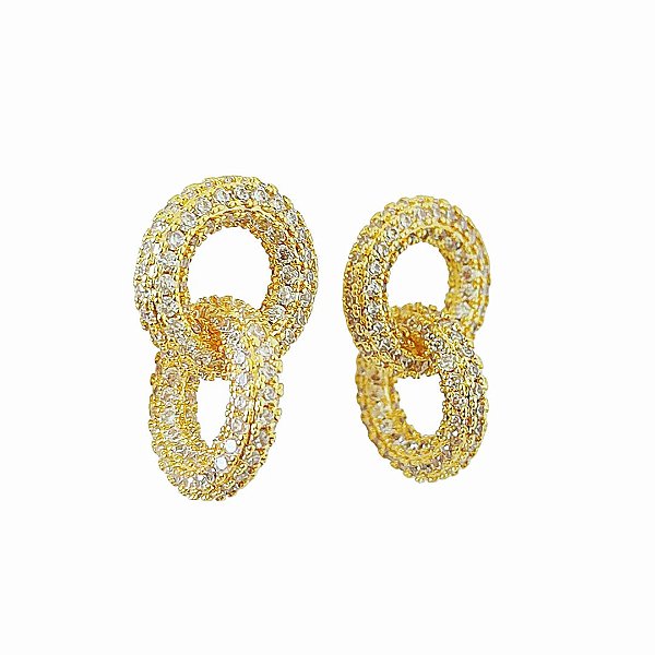 Brinco em banho de ouro 18k dois elos cravejados de zircônias cristais