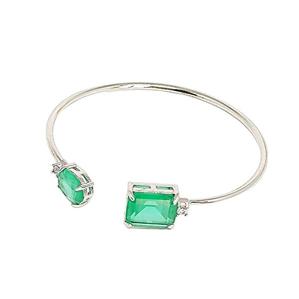 Bracelete em banho de ródio branco com pedra fusion verde