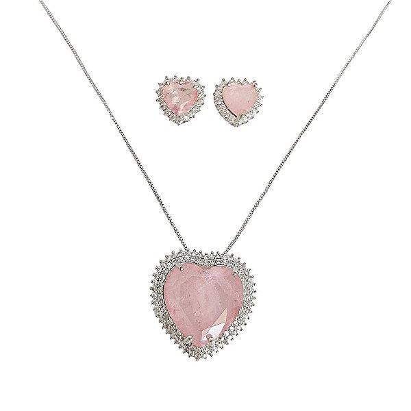 Conjunto em banho de ródio branco colar e brincos coração cravejado de zircônias com pedra fusion rosa