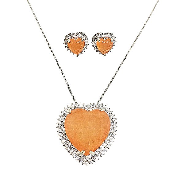 Conjunto colar e brincos em banho de ródio branco com coração cravejado de zircônias com pedra fusion laranja