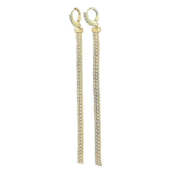 Brinco longo em banho de ouro 18k argola e riviera cravejado de zircônias cristais