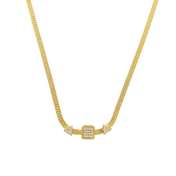 Choker em banho de ouro 18k com triângulos e quadrado cravejados de zircônias
