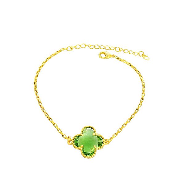 Pulseira inspiração em banho de ouro 18k com trevo em cristal verde