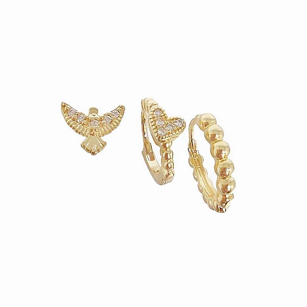 Trio de brincos em banho de ouro 18k  argolas e divino espirito santo