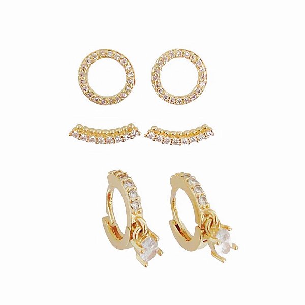 Trio de brincos em banho de ouro 18k cravejados de zircônias cristais