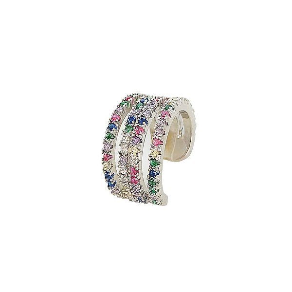 Brinco piercing em banho de ródio branco três voltas cravejadas de zircônias coloridas
