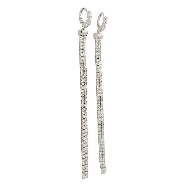 Brinco longo em banho de ródio branco argola com riviera cravejado de zircônias