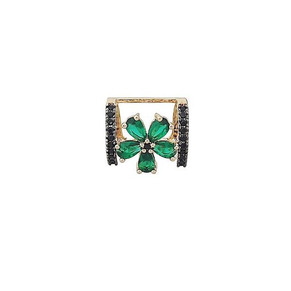 Brinco piercing em banho de ouro 18k cravejado de zircônias negras com flor de cristal verde