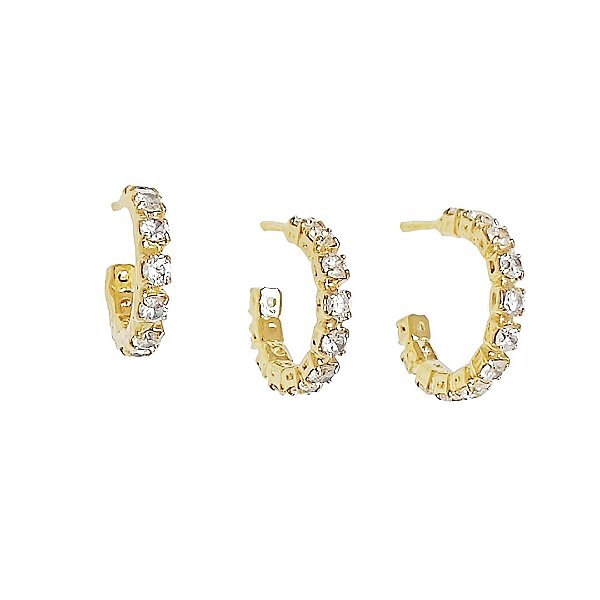 Trio de brincos argola cravejados de zircônias cristais em banho de ouro 18k