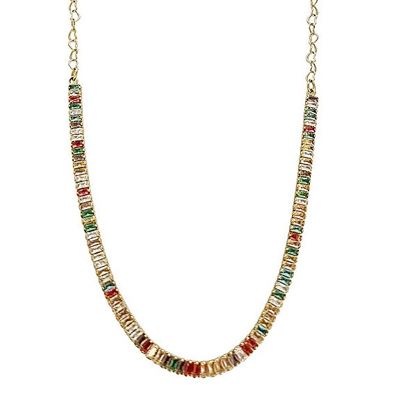 Choker em banho de ouro 18k com zircônias baguetes coloridas