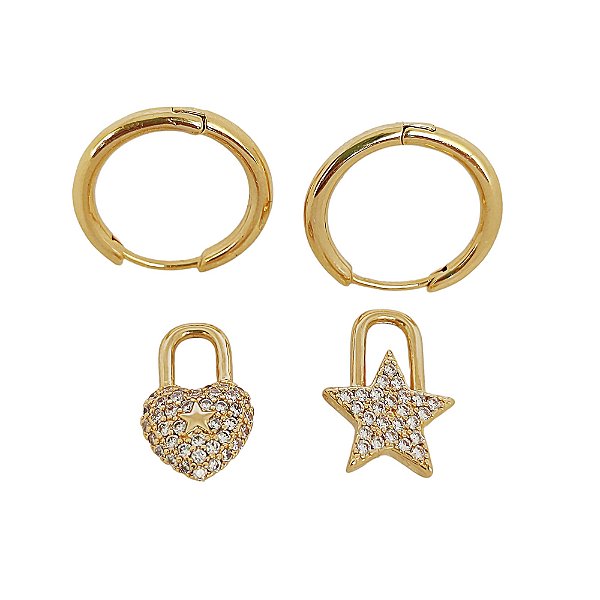 Brinco argola banhado em ouro 18k com um pingente estrela e um coração cravejados de zircônias cristais