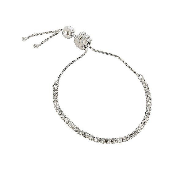 Pulseira regulável cravejada de zircônias banhada em ródio branco com trevo