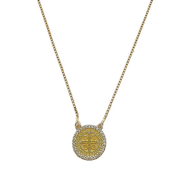 Colar relicário banhado em ouro 18k duas medalhas cravejadas de zircônias