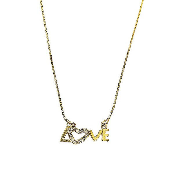 Colar banhado em ouro 18k love com coração com zircônia cristal