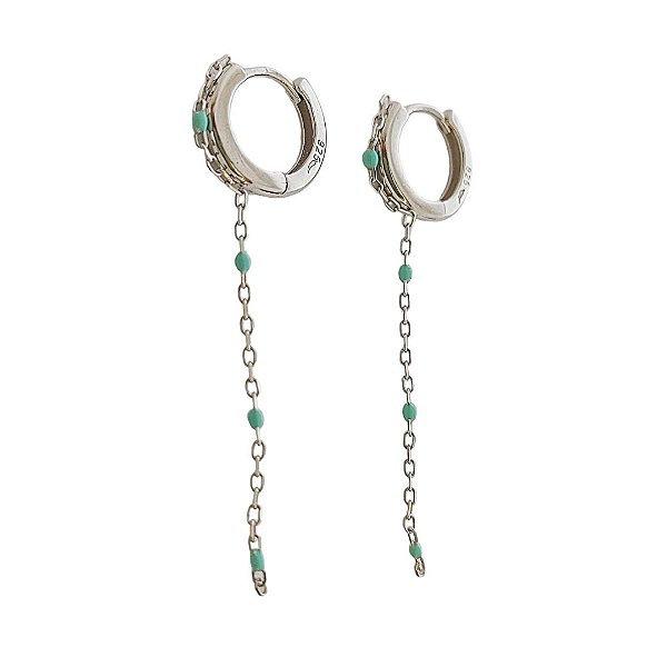 Brinco argola em prata 925 com corrente e pequenas bolinhas azuis