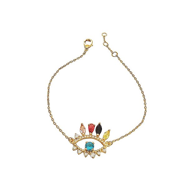 Pulseira banhada em ouro 18k com olho grego cravejado de zircônias cristais e zircônias coloridas