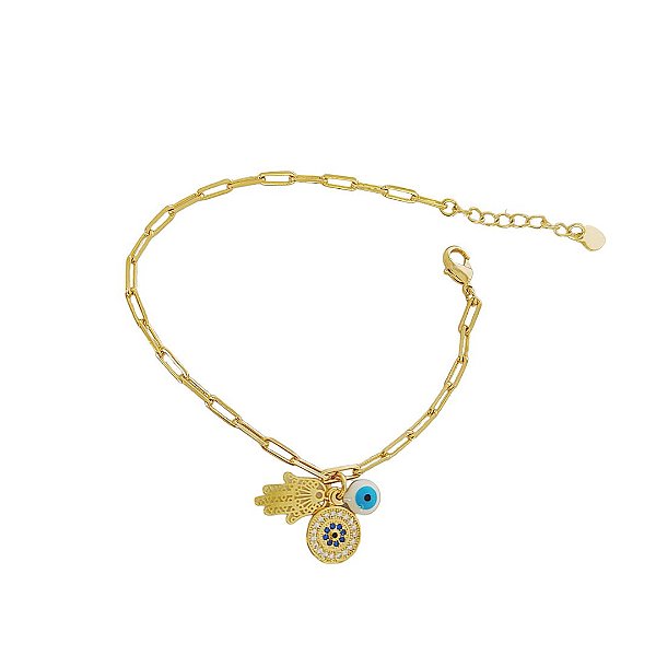 Pulseira cartier banhada em ouro 18k com mão de Fátima olho grego e mandala com zircônias