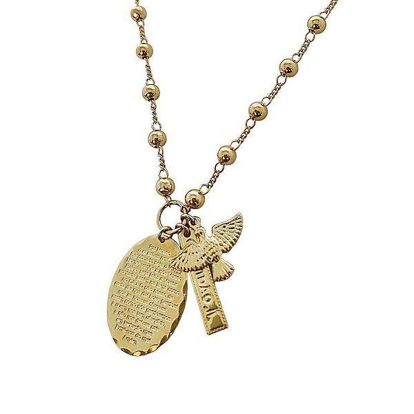Colar banhado em ouro 18k com pingentes pai nosso, gratidão e espirito santo