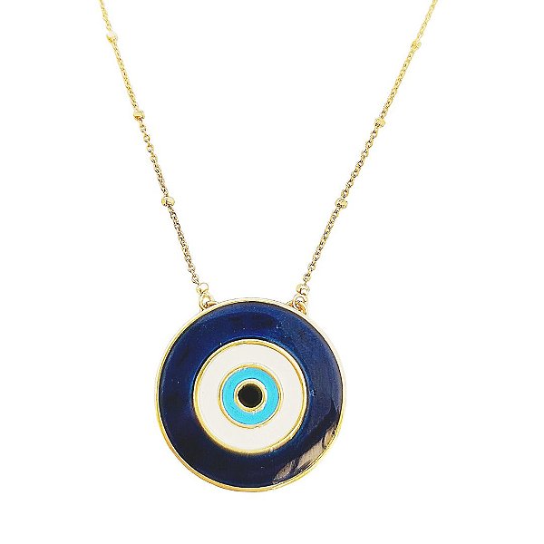 Colar banhado em ouro 18k com pingente olho grego azul marinho esmaltado