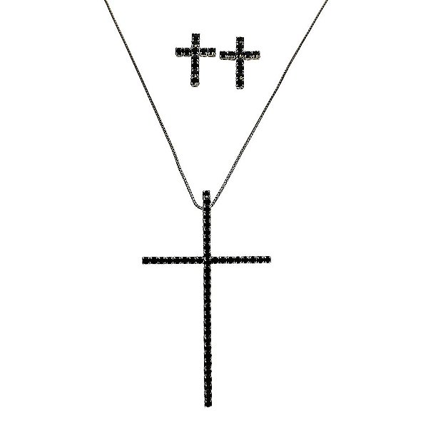 Conjunto em banho de ródio negro com cruz cravejada de zircônias negras