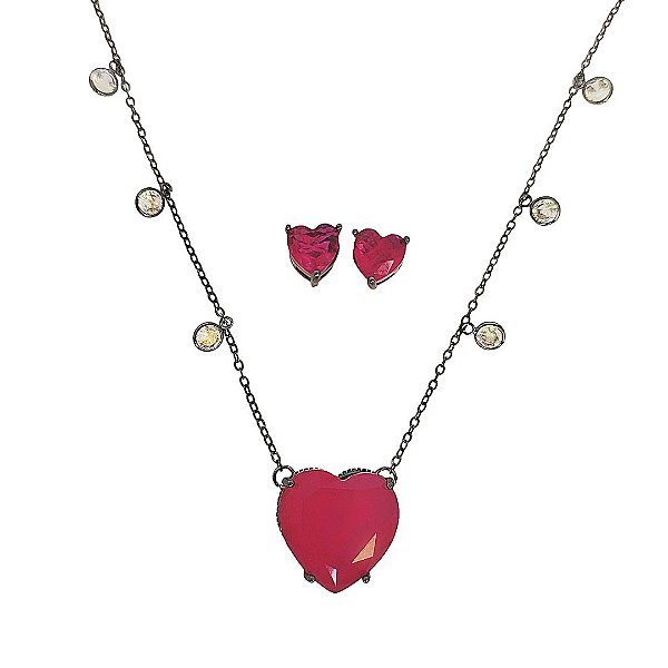 Conjunto colar e brinco banhados em ródio negro com zircônia cristal e corações em cristal rosa