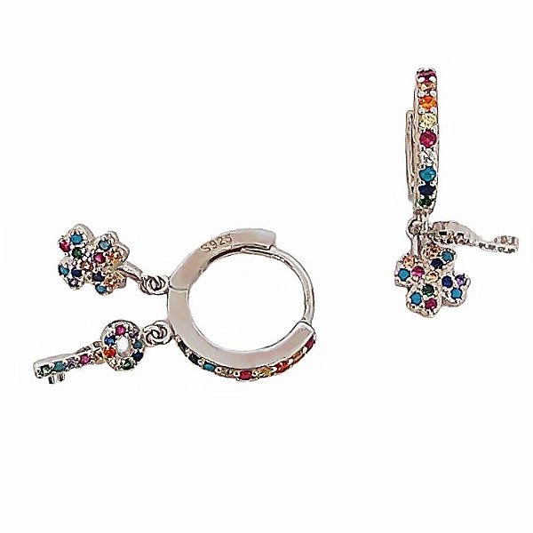 Brinco argola em prata cravejado de zircônias coloridas com pingentes de flor e chave