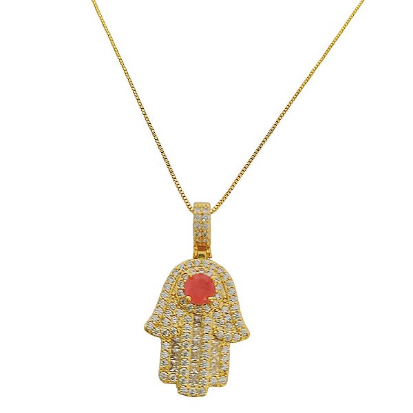 Colar em banho de ouro 18k mão de Fátima cravejada de zircônias com pedra fusion rosa